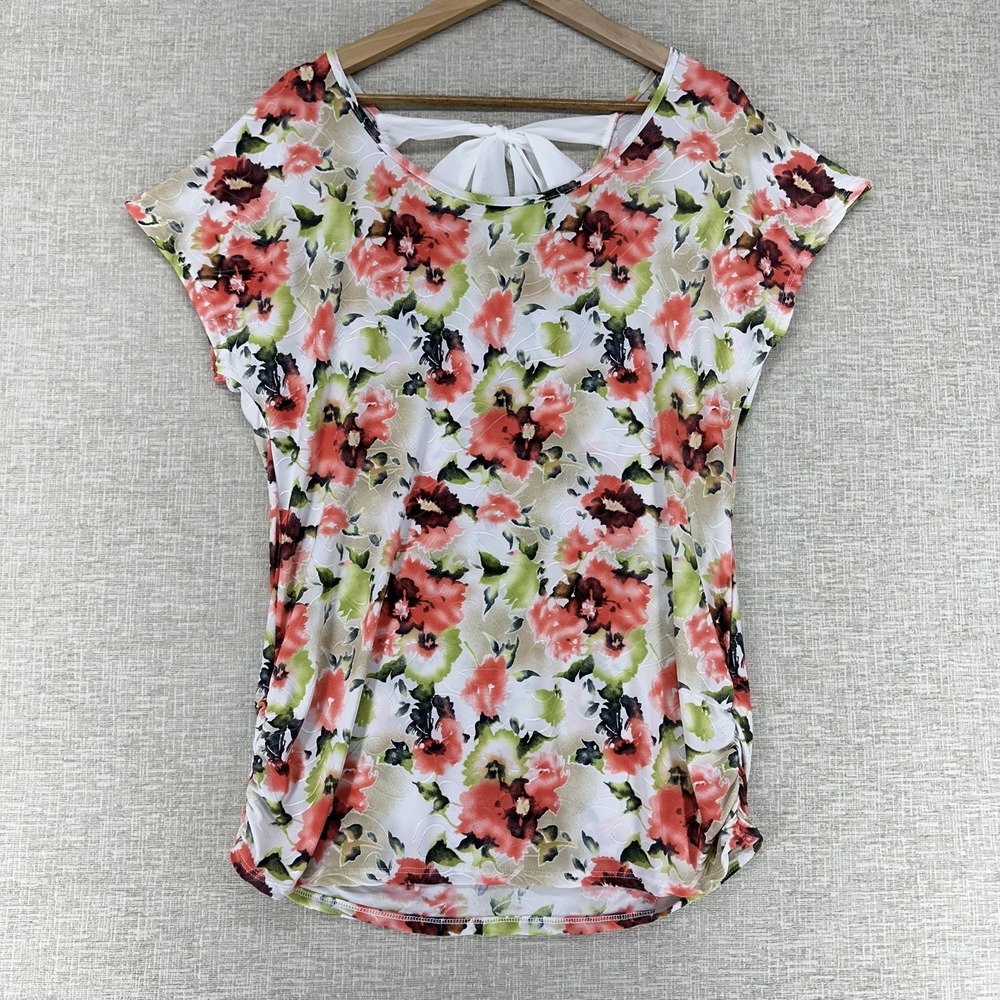 Lavish Blouse Womens Large Multicolor Floral Scoop Neck Bow Back Cap‎ Sleeve